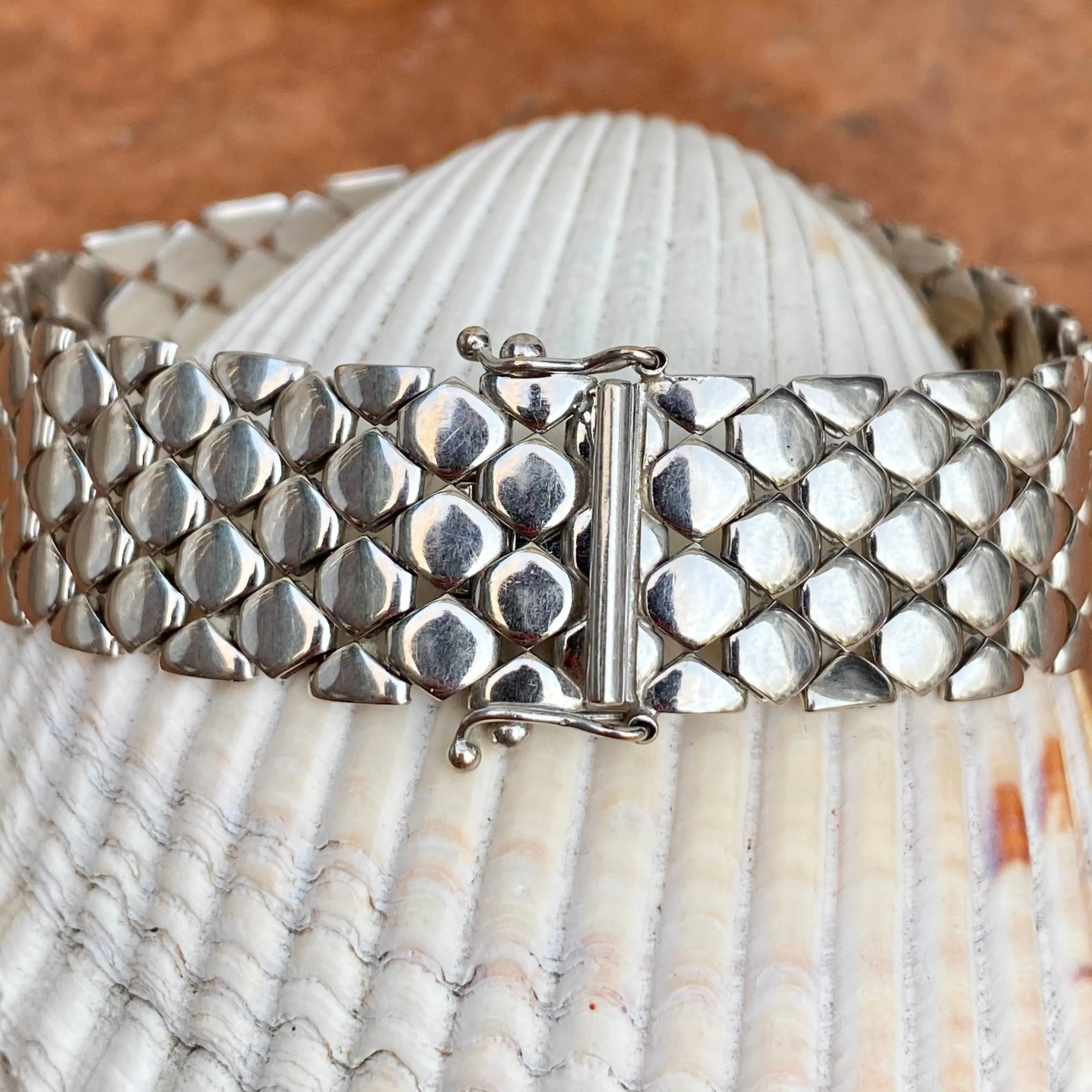 Estate 14KT White Gold Polished Wide Panther Brick Link Bracelet