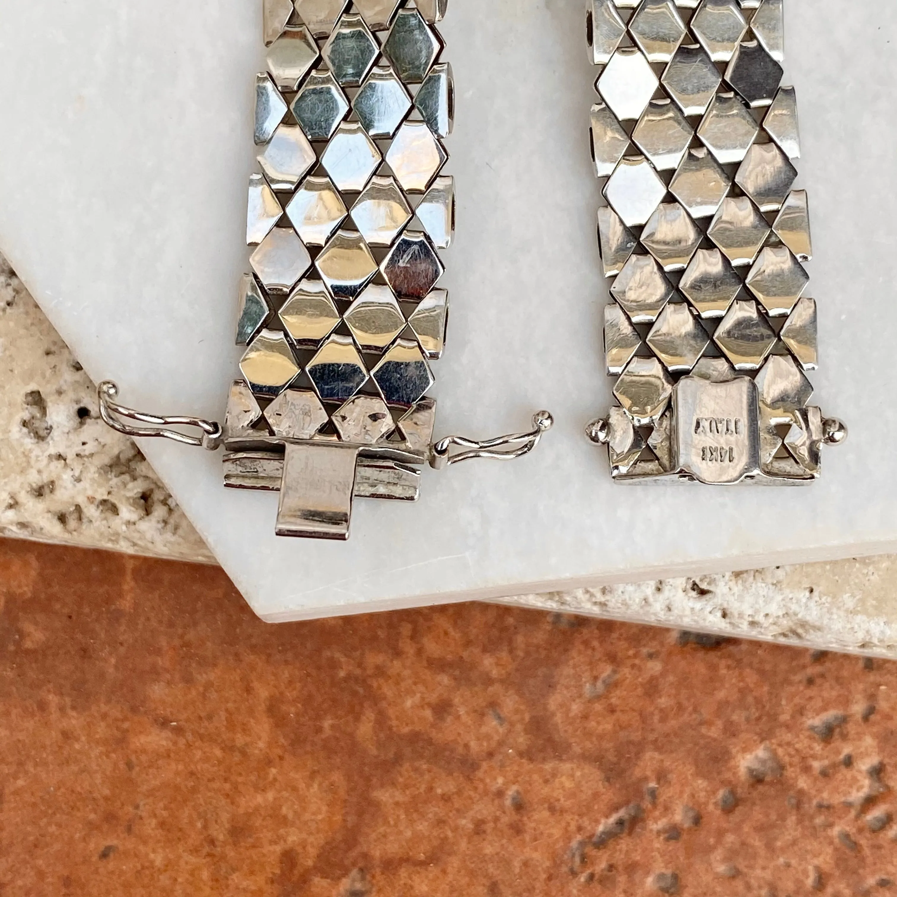 Estate 14KT White Gold Polished Wide Panther Brick Link Bracelet