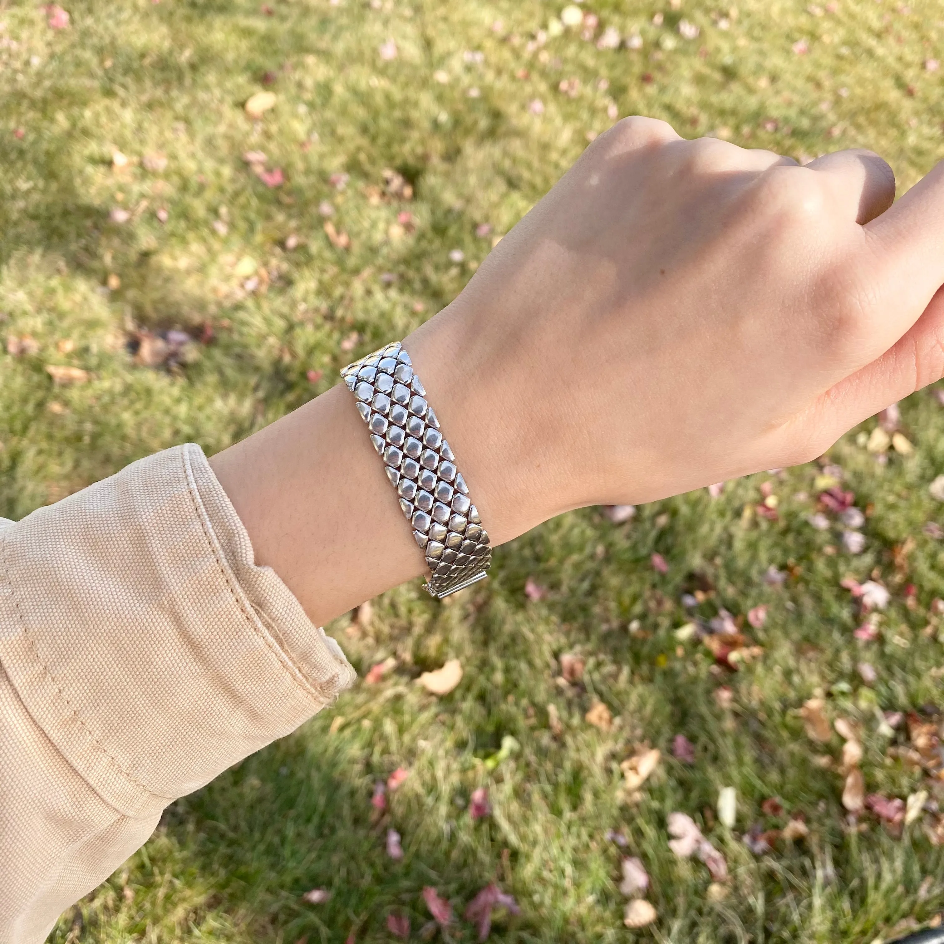 Estate 14KT White Gold Polished Wide Panther Brick Link Bracelet