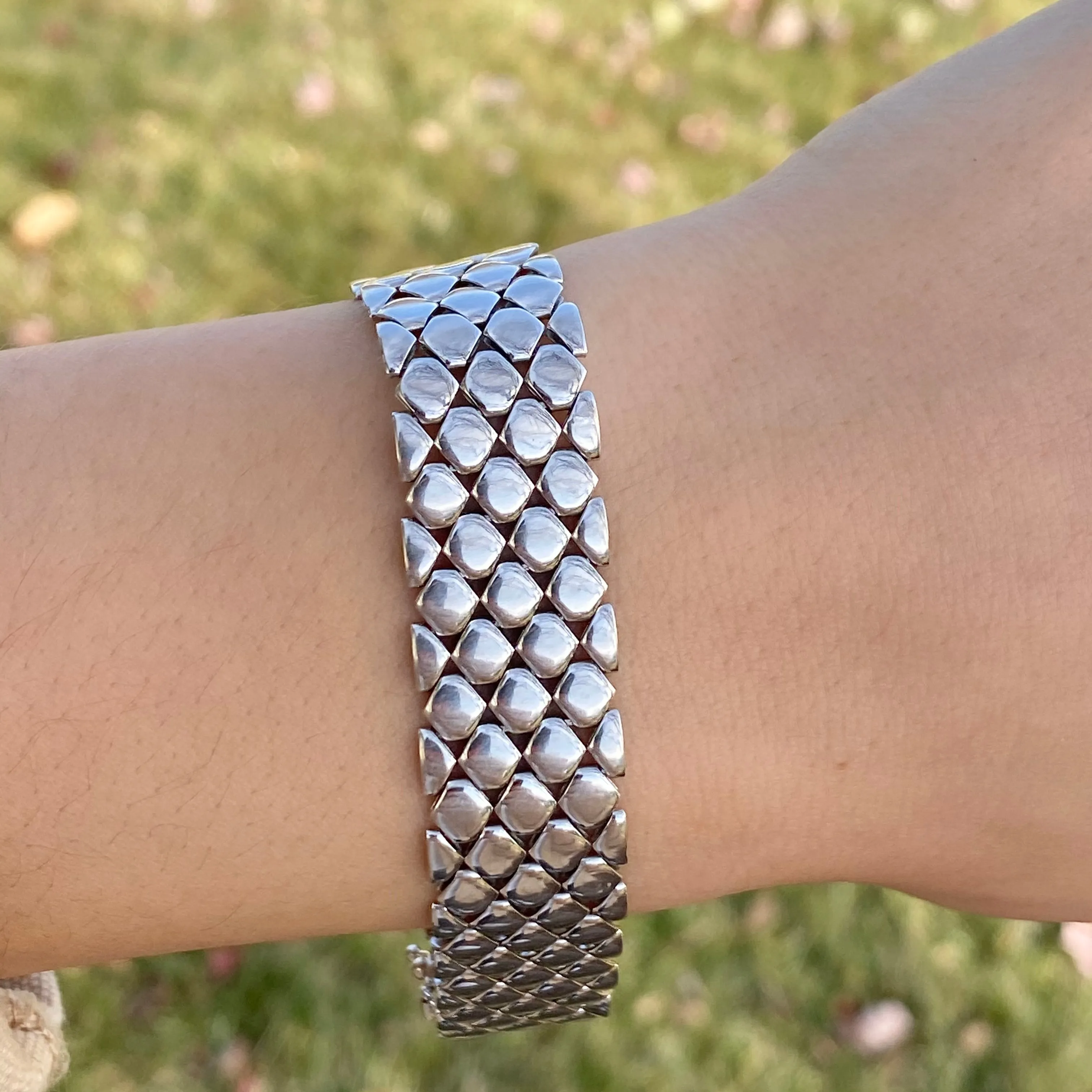 Estate 14KT White Gold Polished Wide Panther Brick Link Bracelet