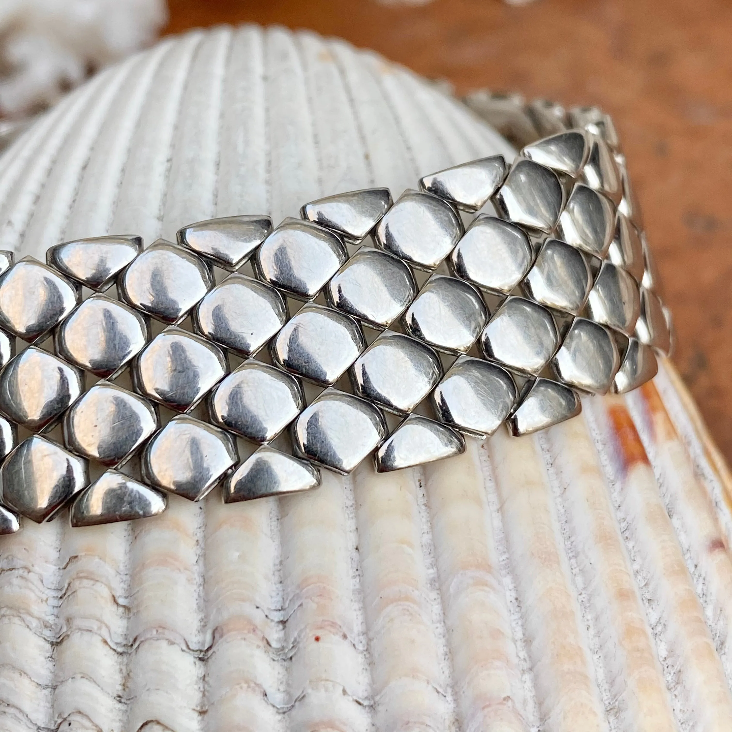 Estate 14KT White Gold Polished Wide Panther Brick Link Bracelet