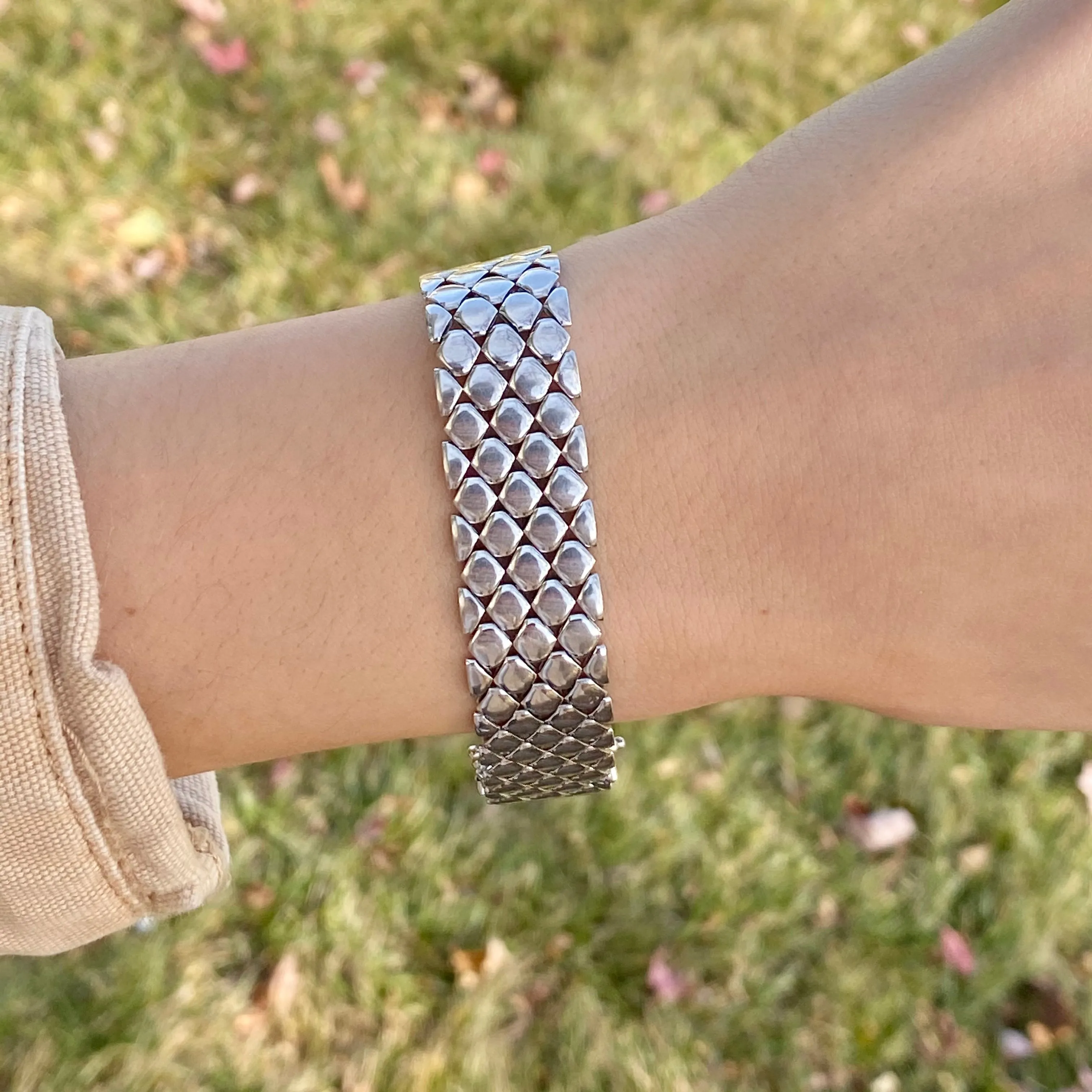 Estate 14KT White Gold Polished Wide Panther Brick Link Bracelet