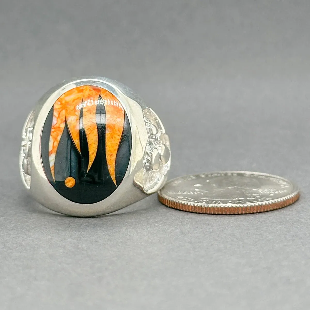 Estate SS GL Miller Jadeite & Spiny Oyster Inlay Ring