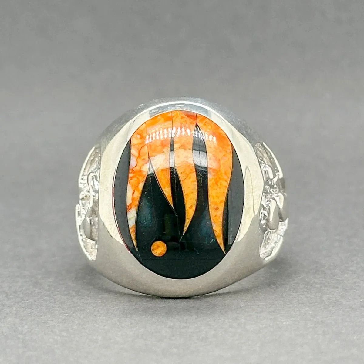 Estate SS GL Miller Jadeite & Spiny Oyster Inlay Ring