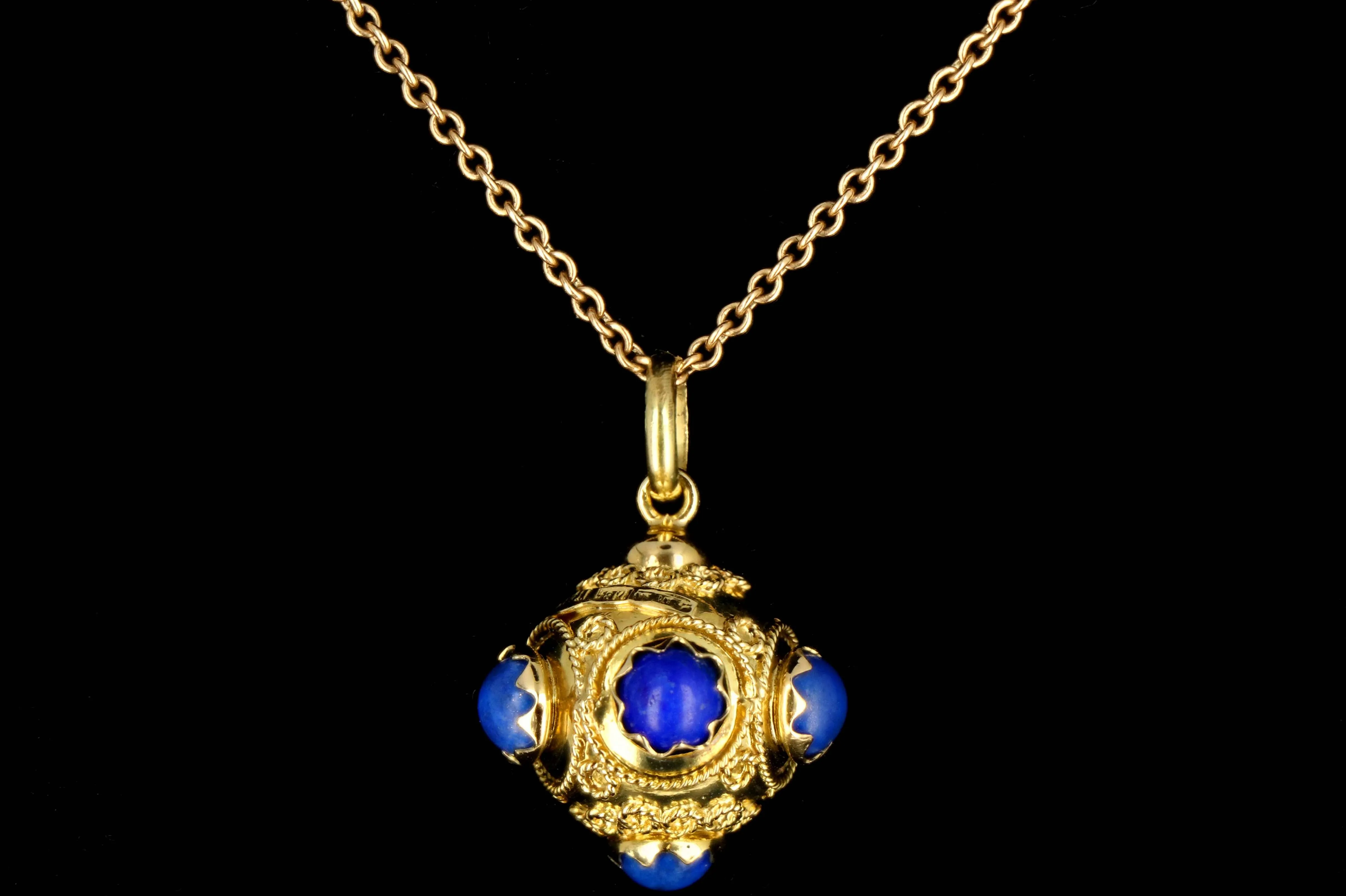 Etruscan Style 18K Yellow Gold Lapis Lazuli Charm and Necklace