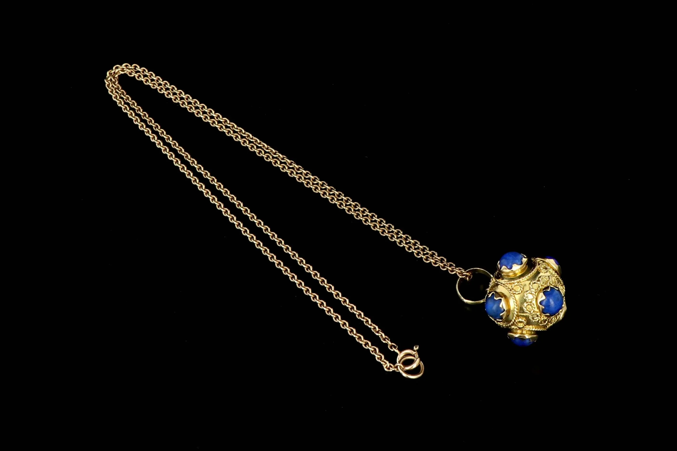Etruscan Style 18K Yellow Gold Lapis Lazuli Charm and Necklace