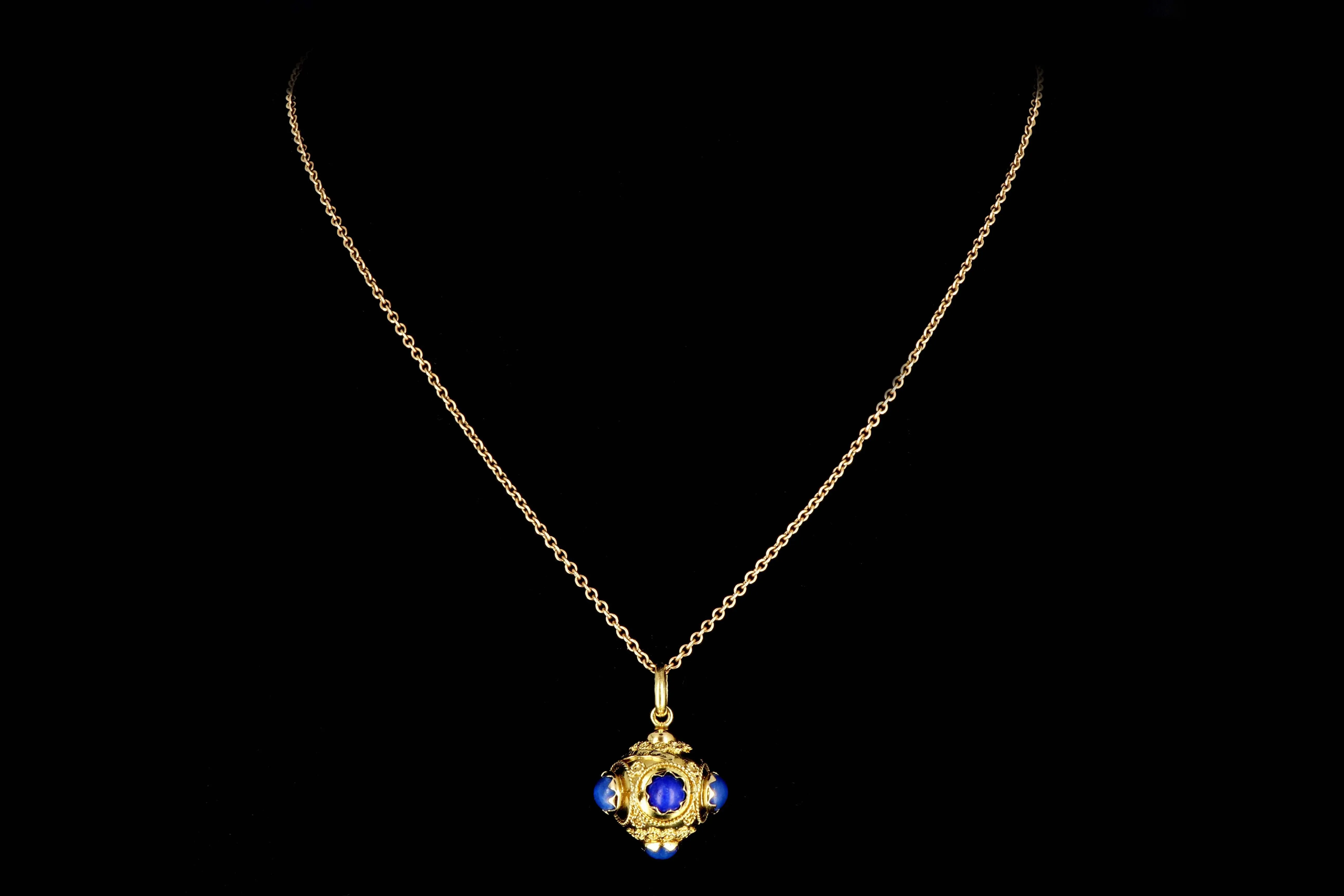 Etruscan Style 18K Yellow Gold Lapis Lazuli Charm and Necklace
