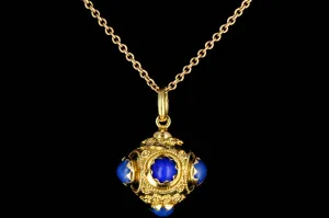 Etruscan Style 18K Yellow Gold Lapis Lazuli Charm and Necklace