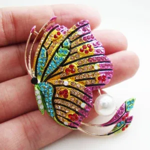 Exquisite Butterfly Woman Pearl Brooch Pin Multi-color Rhinestone Crystal Party