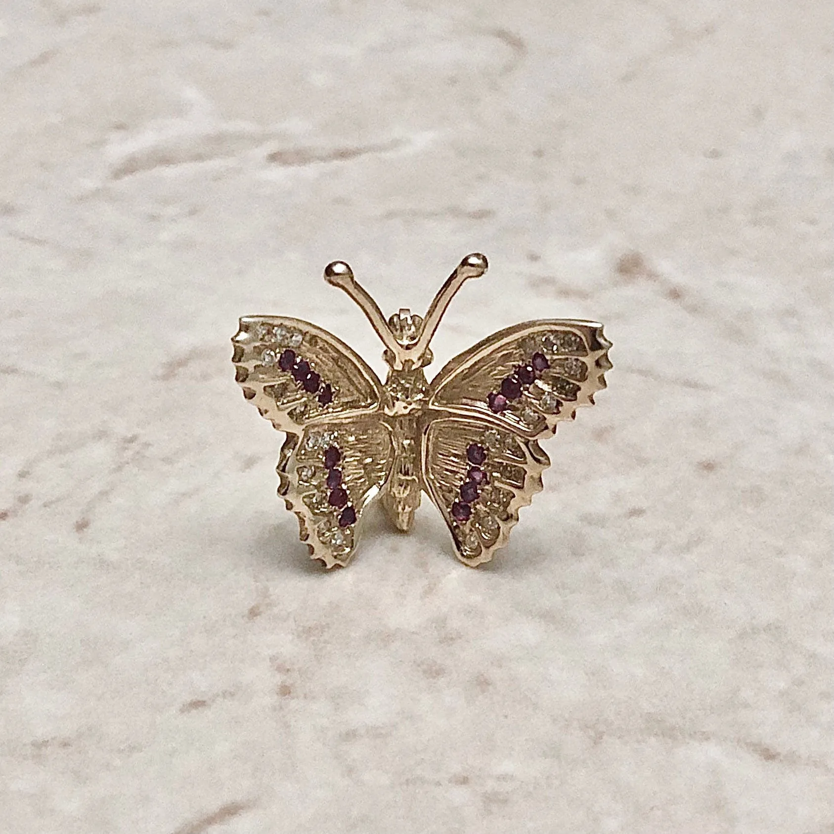 Exquisite Vintage 14 Karat Yellow Gold Natural Ruby & Diamond Butterfly Brooch
