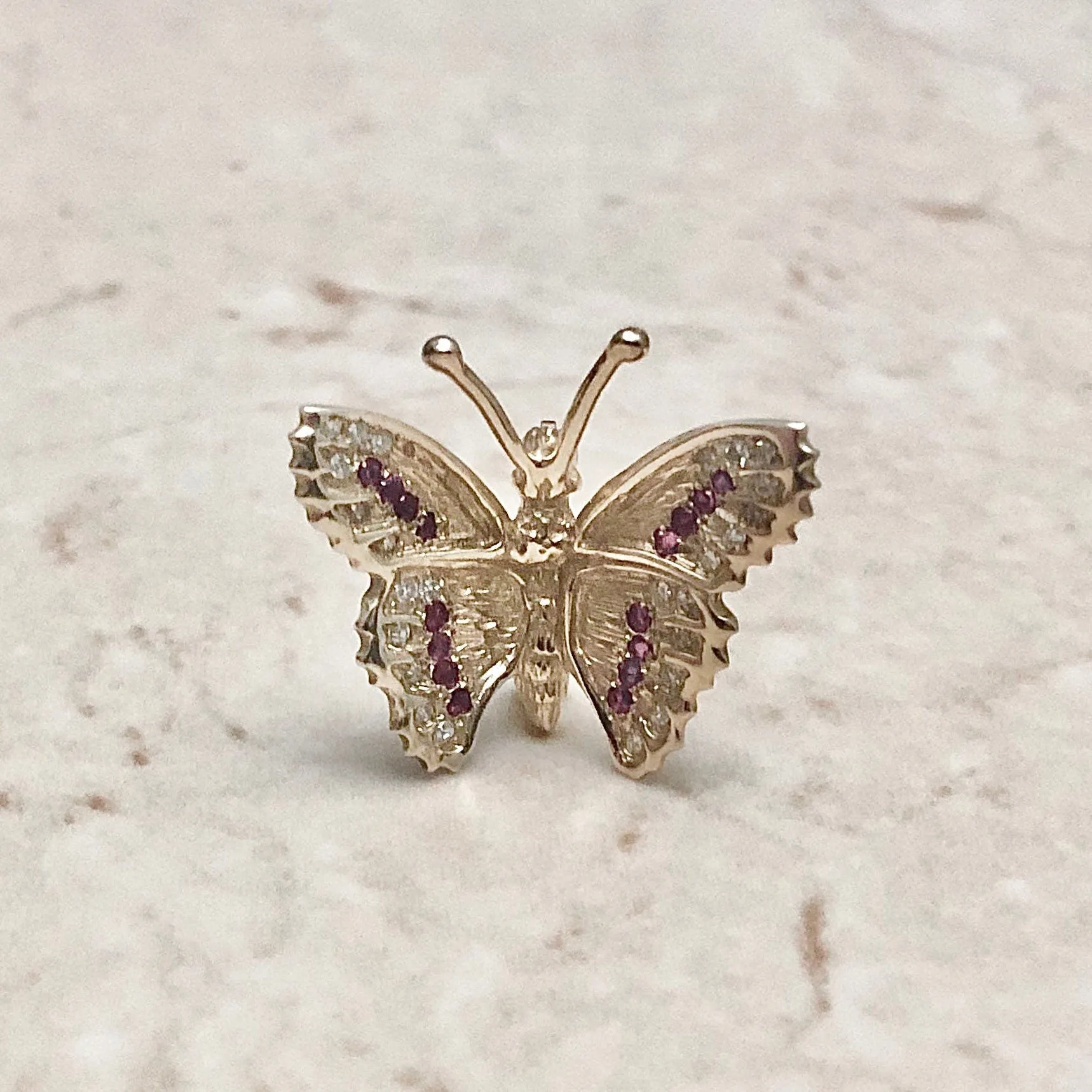 Exquisite Vintage 14 Karat Yellow Gold Natural Ruby & Diamond Butterfly Brooch
