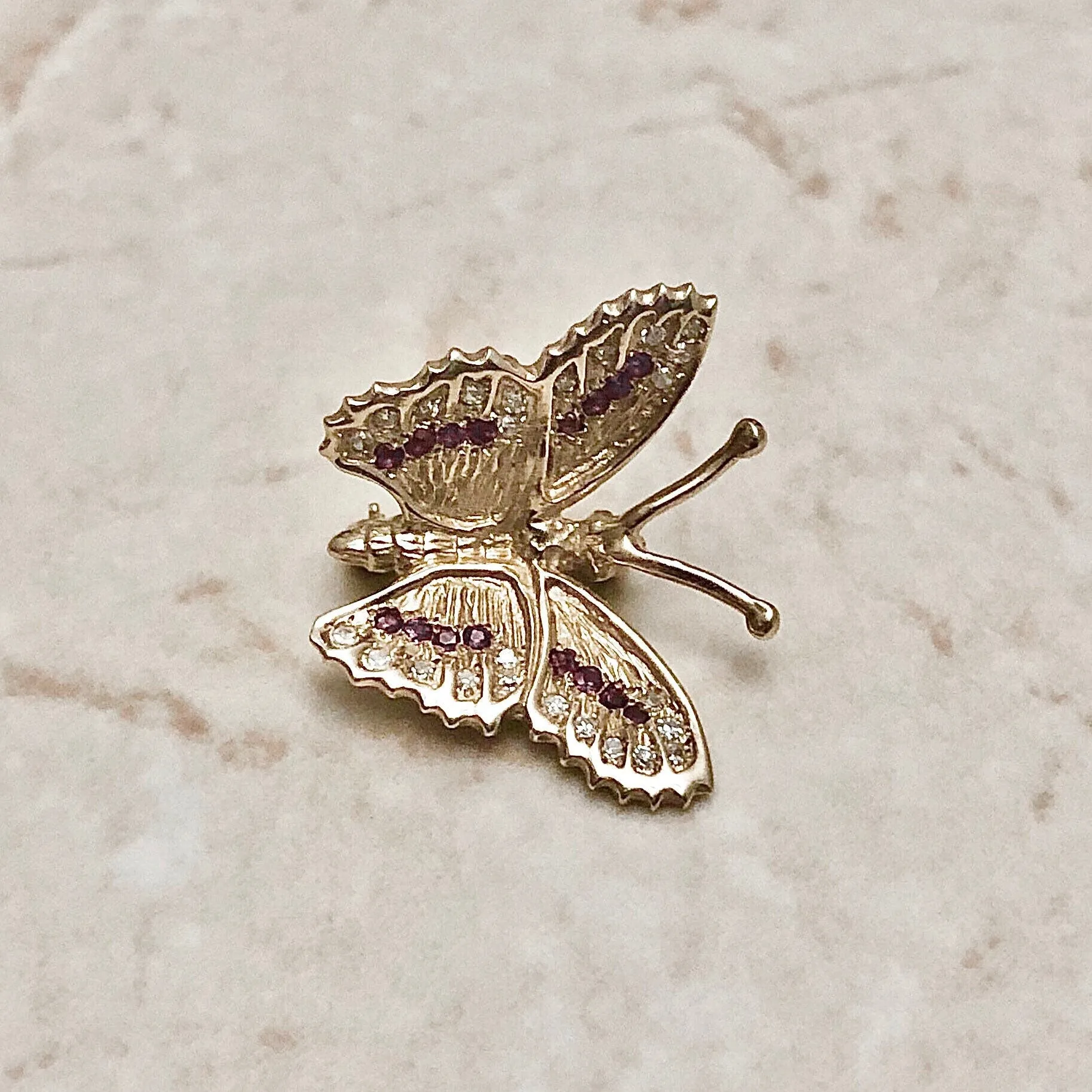 Exquisite Vintage 14 Karat Yellow Gold Natural Ruby & Diamond Butterfly Brooch