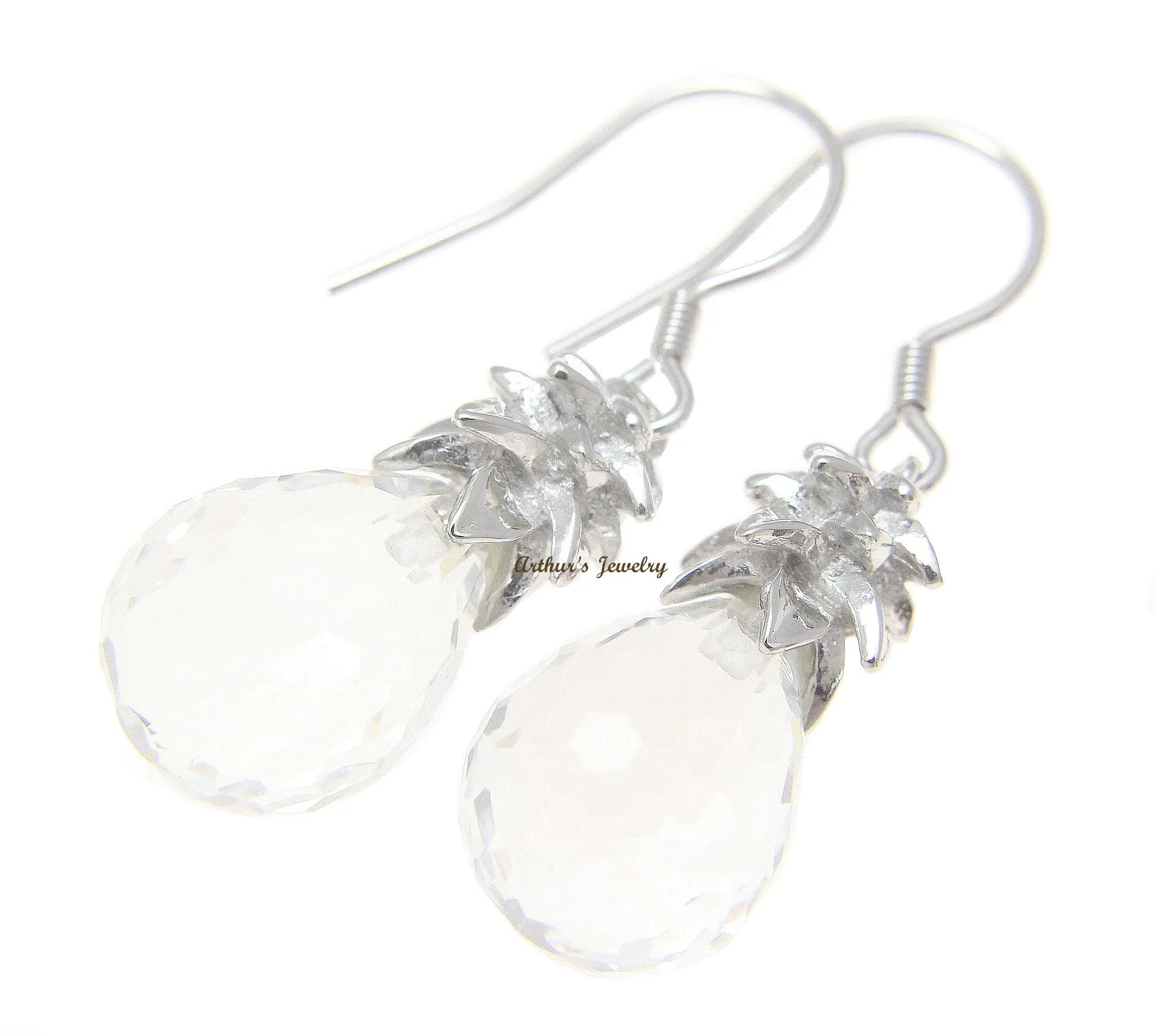 FACETED WHITE CRYSTAL HAWAIIAN PINEAPPLE HOOK EARRINGS 925 STERLING SILVER 10MM