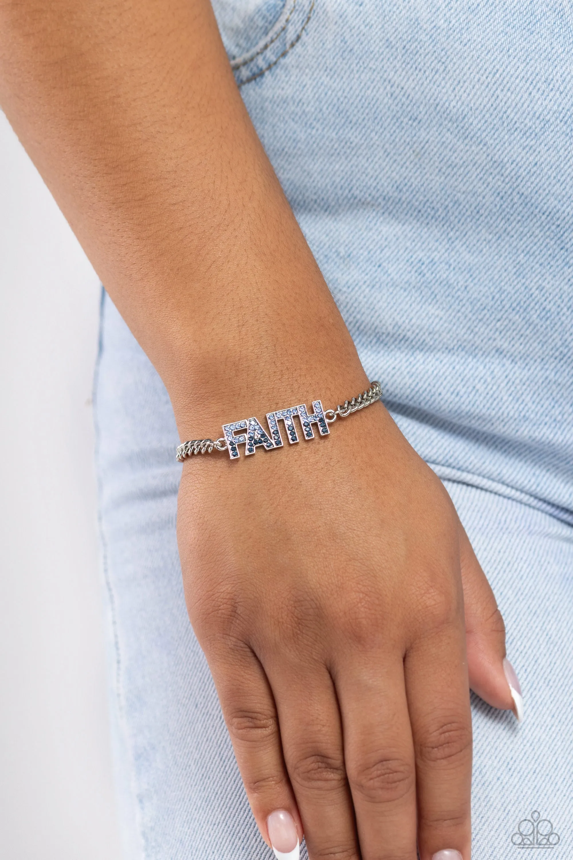 Faithful Finish - Blue - Rhinestone Letter "FAITH" Inspirational/Religious Paparazzi Lobster Claw Bracelet