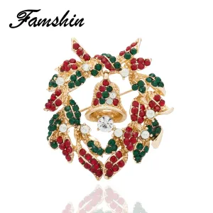 FAMSHIN Bells Wreaths Colorful Stone Brooches Women Hijab Pin Up Clips Scarf Hats Shoulder Corsages Christmas Day Gifts