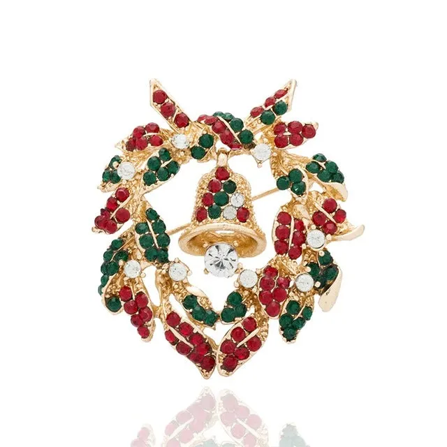 FAMSHIN Bells Wreaths Colorful Stone Brooches Women Hijab Pin Up Clips Scarf Hats Shoulder Corsages Christmas Day Gifts