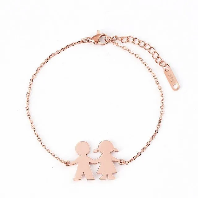 Fashion Family Bracelets Two Children Girl Boy Stainless Steel For Women Men Silver Gold Rose Charm Personalise Custom Bracelet