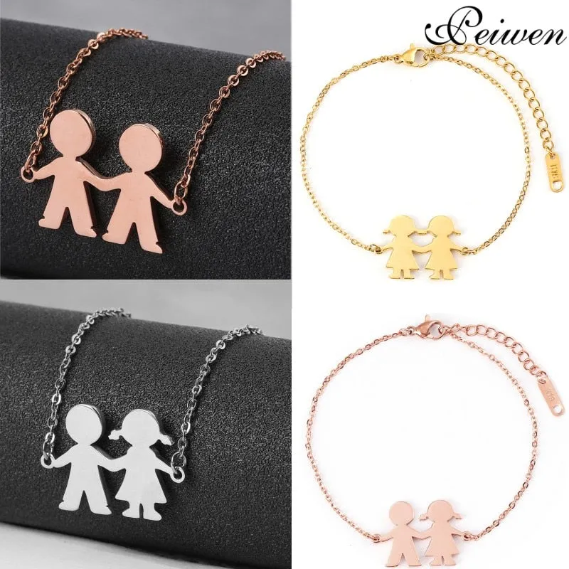 Fashion Family Bracelets Two Children Girl Boy Stainless Steel For Women Men Silver Gold Rose Charm Personalise Custom Bracelet