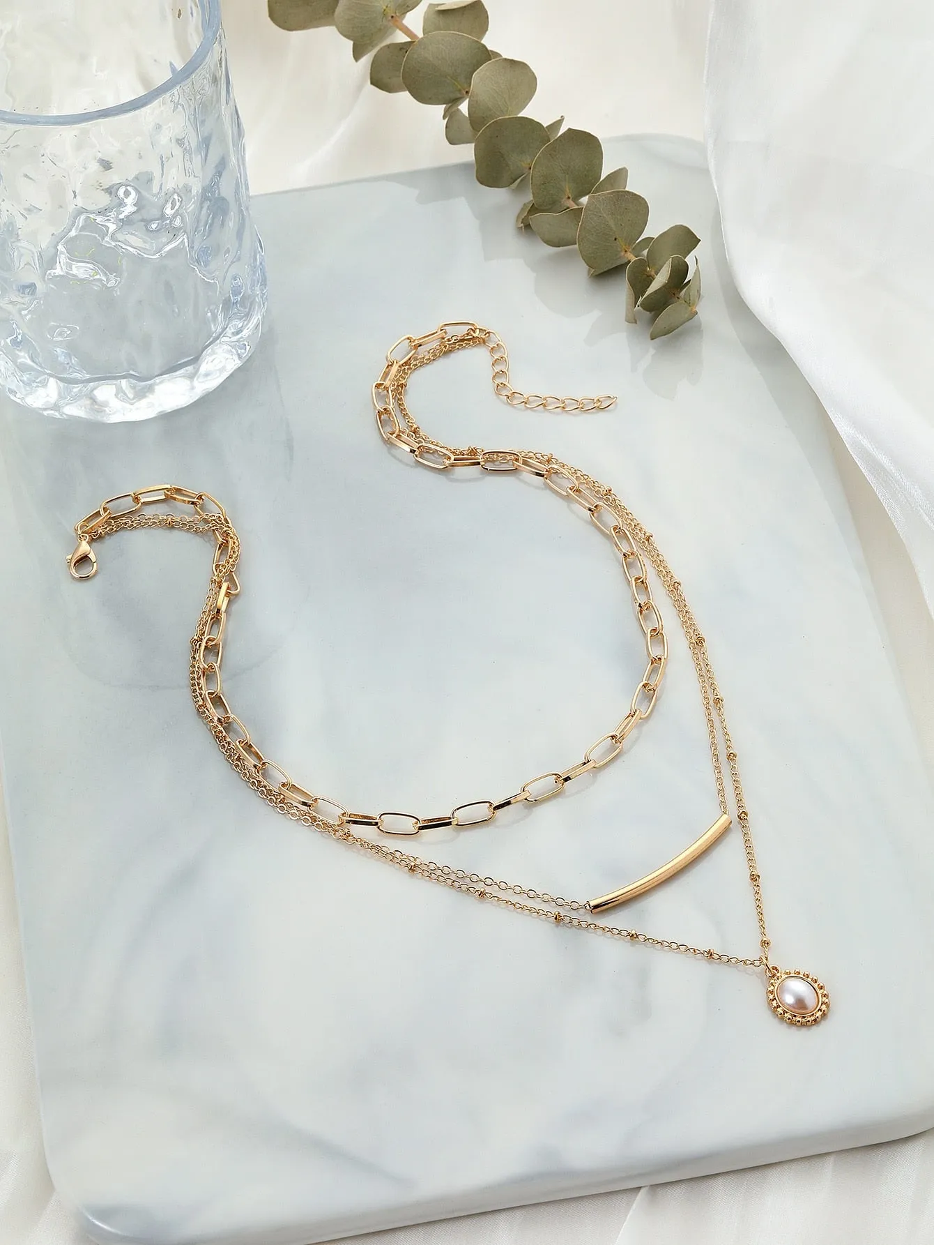 Faux Pearl Charm Layered Necklace - Yellow - FD ⚡