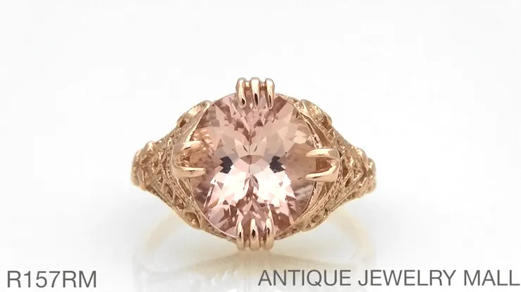 Filigree Art Deco Large Oval Morganite Ring in 14 Karat Rose Gold - 4.5 Carats