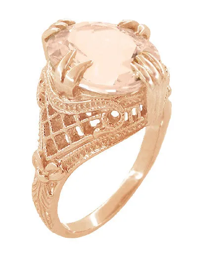 Filigree Art Deco Large Oval Morganite Ring in 14 Karat Rose Gold - 4.5 Carats