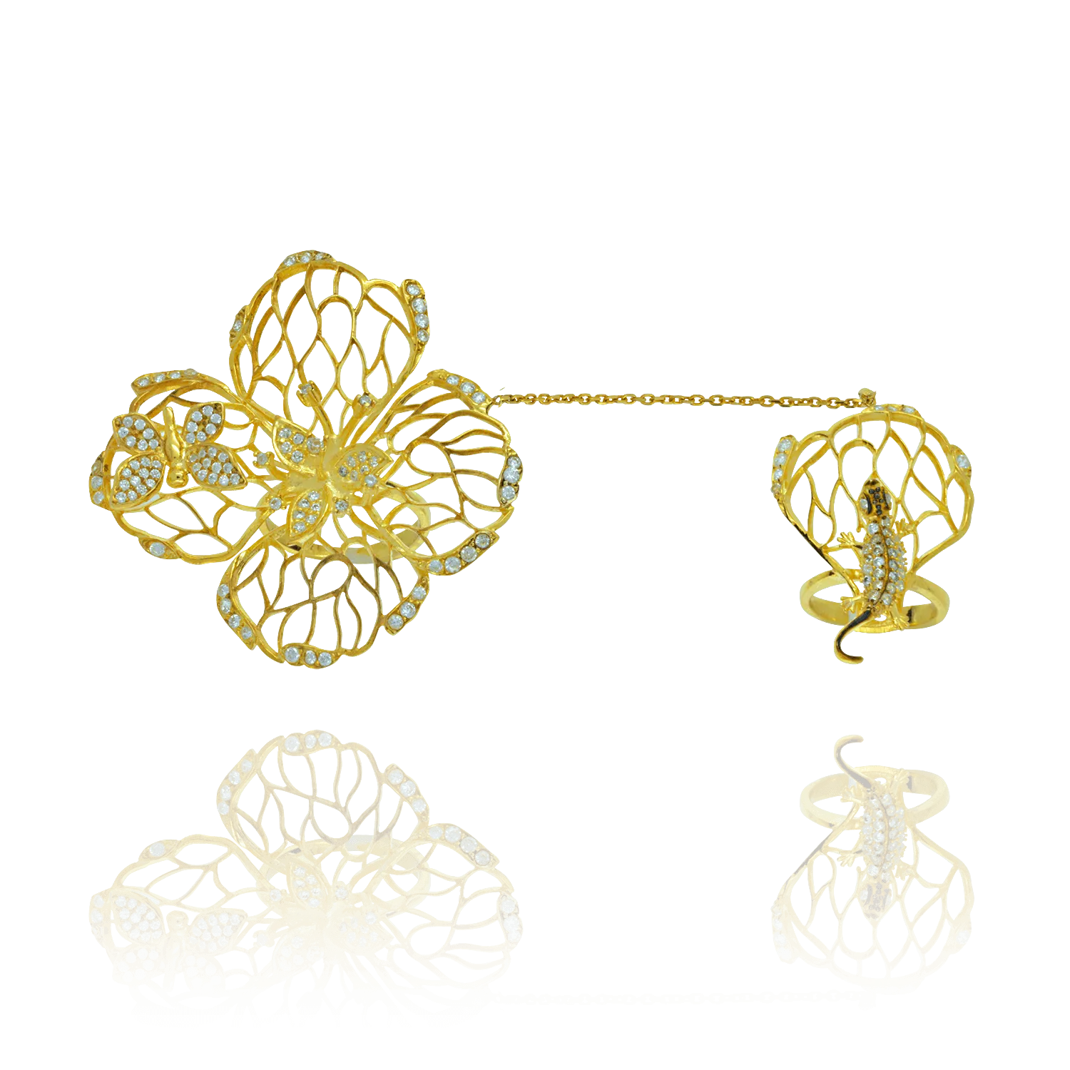 Filigree Flower Double Ring with Lizard