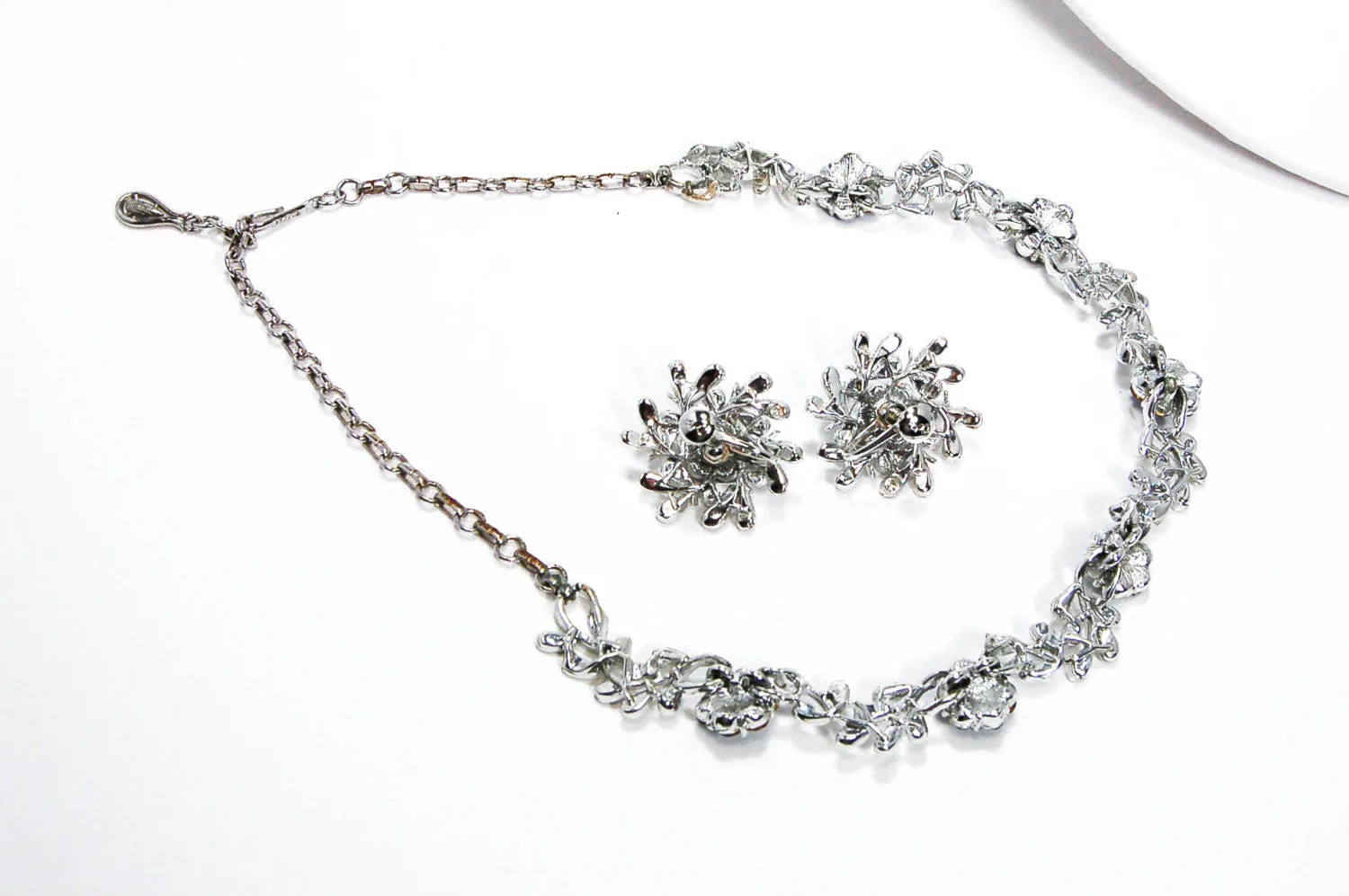 Floral Blue Rhinestone Necklace and Earrings Set by Coro