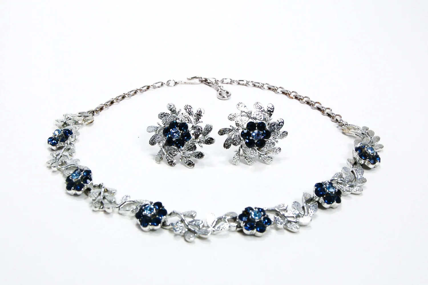 Floral Blue Rhinestone Necklace and Earrings Set by Coro
