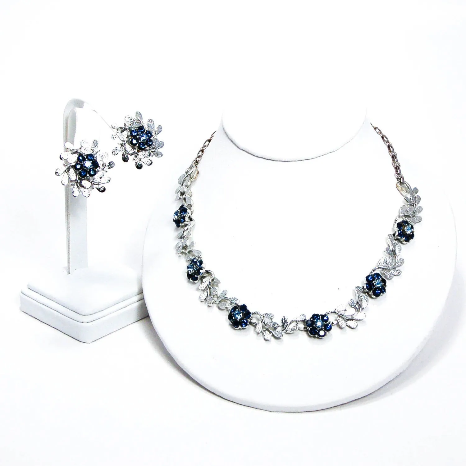 Floral Blue Rhinestone Necklace and Earrings Set by Coro