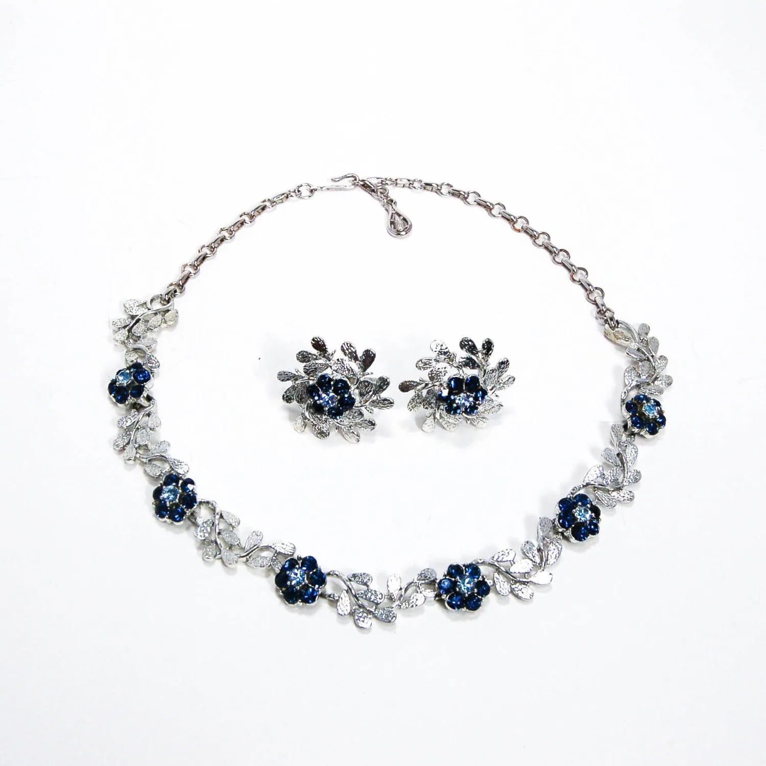 Floral Blue Rhinestone Necklace and Earrings Set by Coro