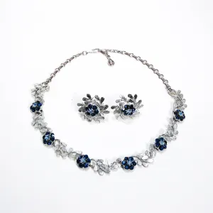 Floral Blue Rhinestone Necklace and Earrings Set by Coro