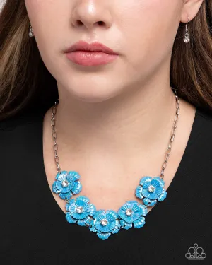 Flower Chain - Blue - Iridescent Flower White Rhinestone Center Paparazzi Short Necklace