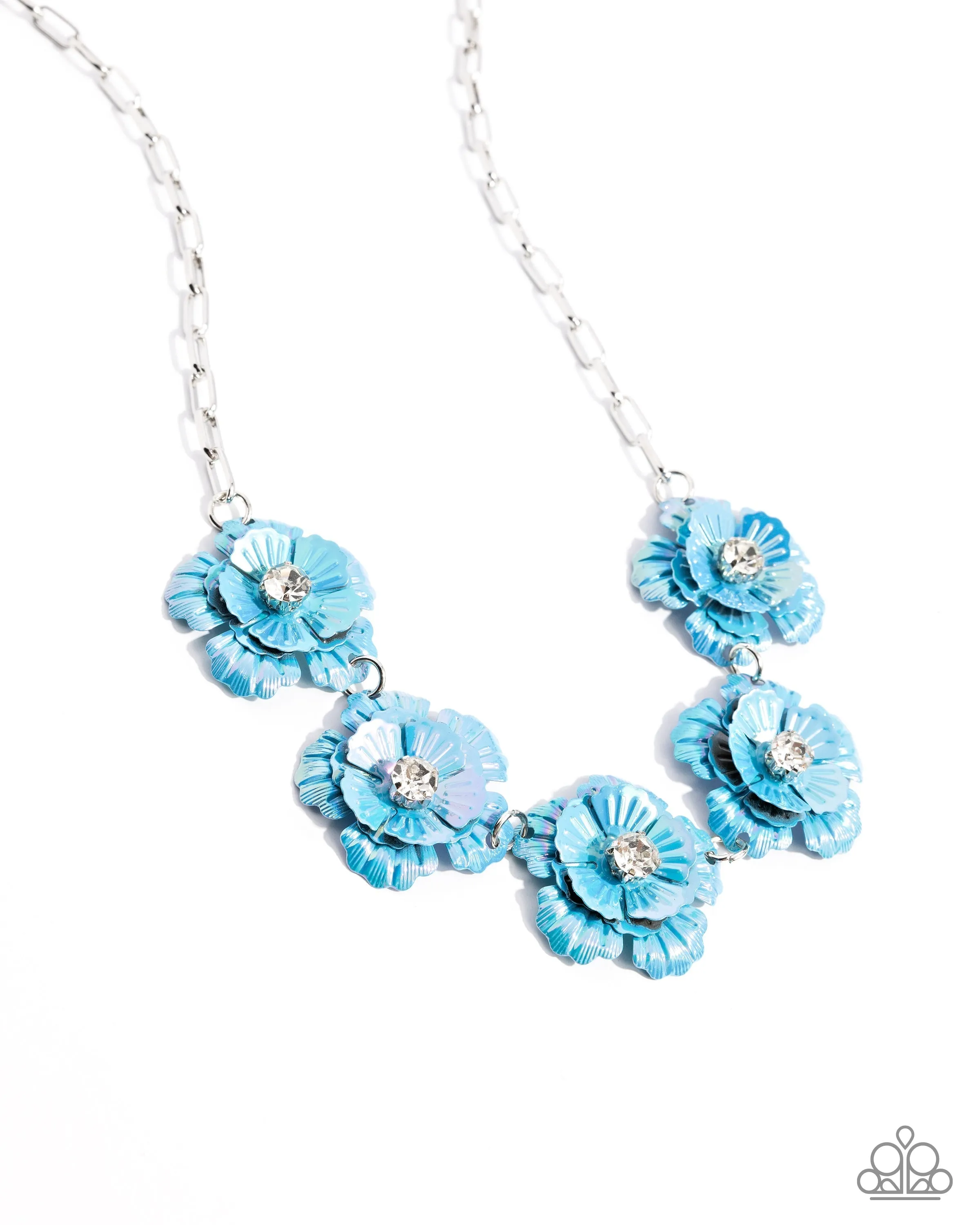 Flower Chain - Blue - Iridescent Flower White Rhinestone Center Paparazzi Short Necklace