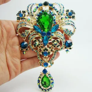 Flower Drop Gold-Tone Brooch Pin Pendant Green Rhinestone Crystal