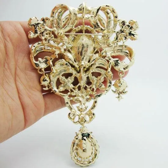 Flower Drop Gold-Tone Brooch Pin Pendant Green Rhinestone Crystal