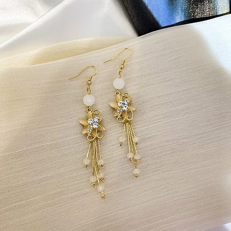 Flower Rhinestone Drop Earrings - Alloy & 925 Silver - 9.3cm x 1.6cm - 10g