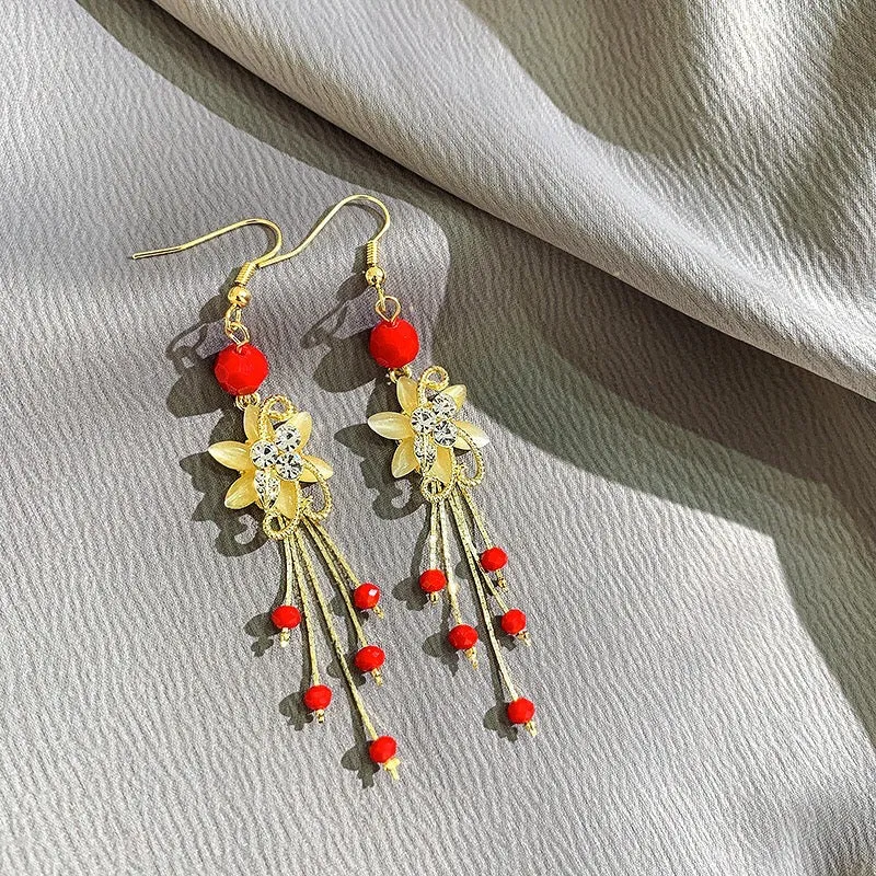 Flower Rhinestone Drop Earrings - Alloy & 925 Silver - 9.3cm x 1.6cm - 10g
