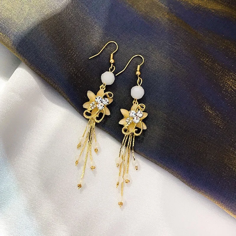 Flower Rhinestone Drop Earrings - Alloy & 925 Silver - 9.3cm x 1.6cm - 10g