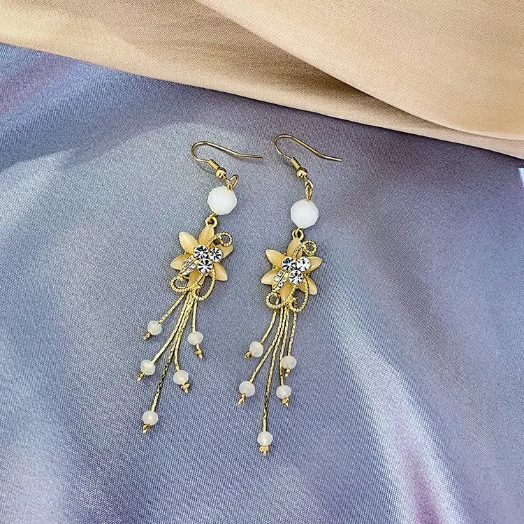 Flower Rhinestone Drop Earrings - Alloy & 925 Silver - 9.3cm x 1.6cm - 10g
