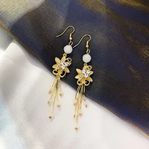 Flower Rhinestone Drop Earrings - Alloy & 925 Silver - 9.3cm x 1.6cm - 10g