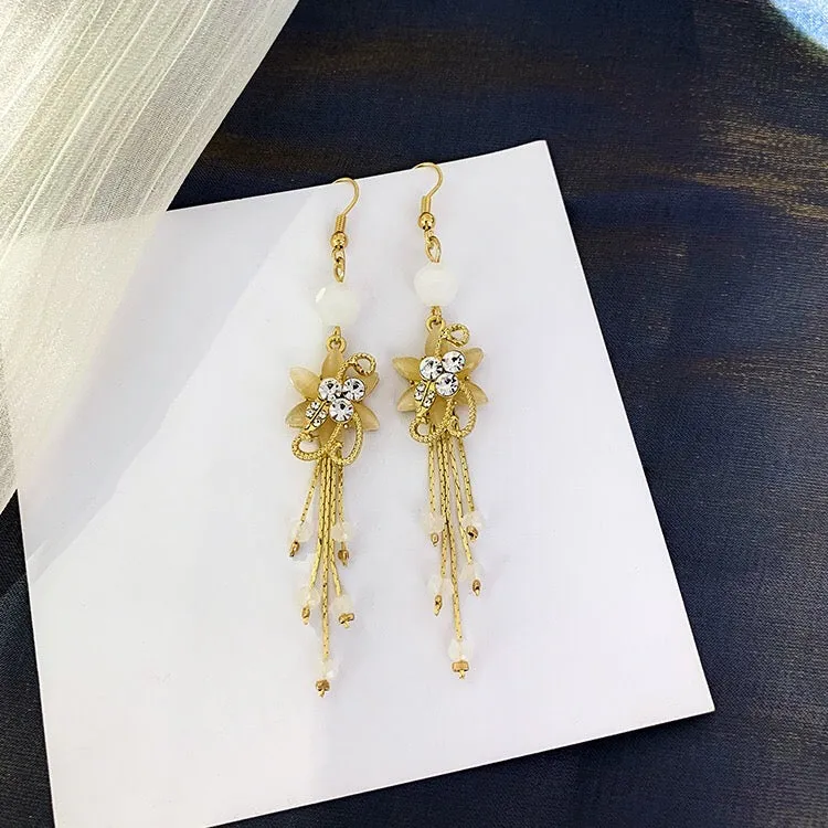 Flower Rhinestone Drop Earrings - Alloy & 925 Silver - 9.3cm x 1.6cm - 10g