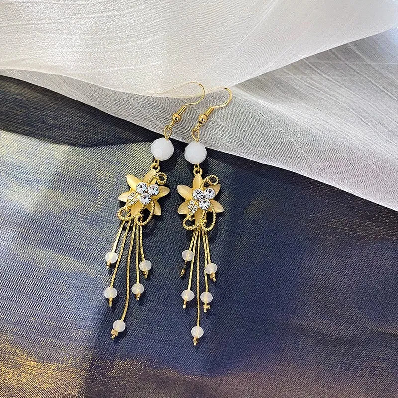 Flower Rhinestone Drop Earrings - Alloy & 925 Silver - 9.3cm x 1.6cm - 10g