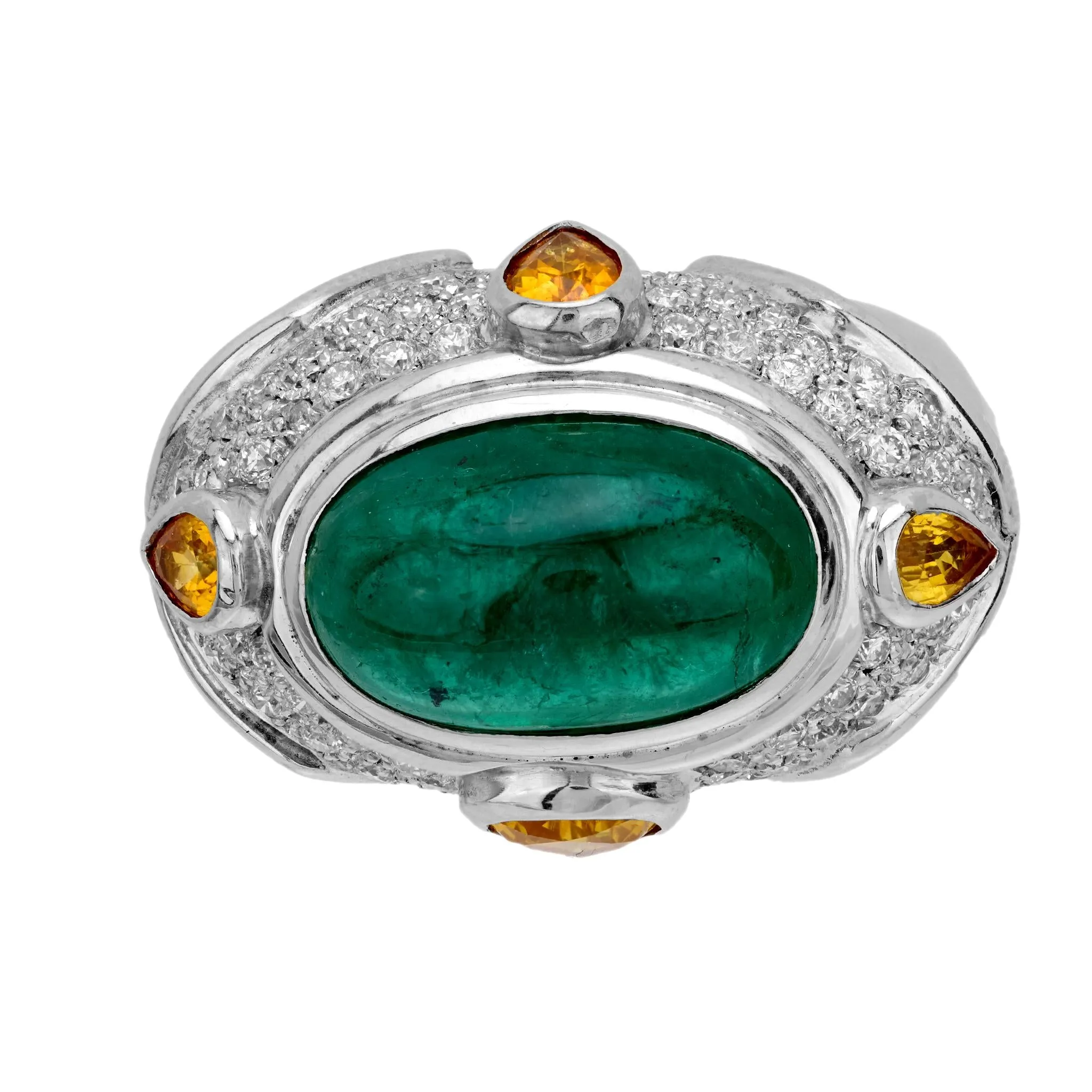 French GIA 13 carat emerald yellow sapphire diamond 18k white gold cocktail ring