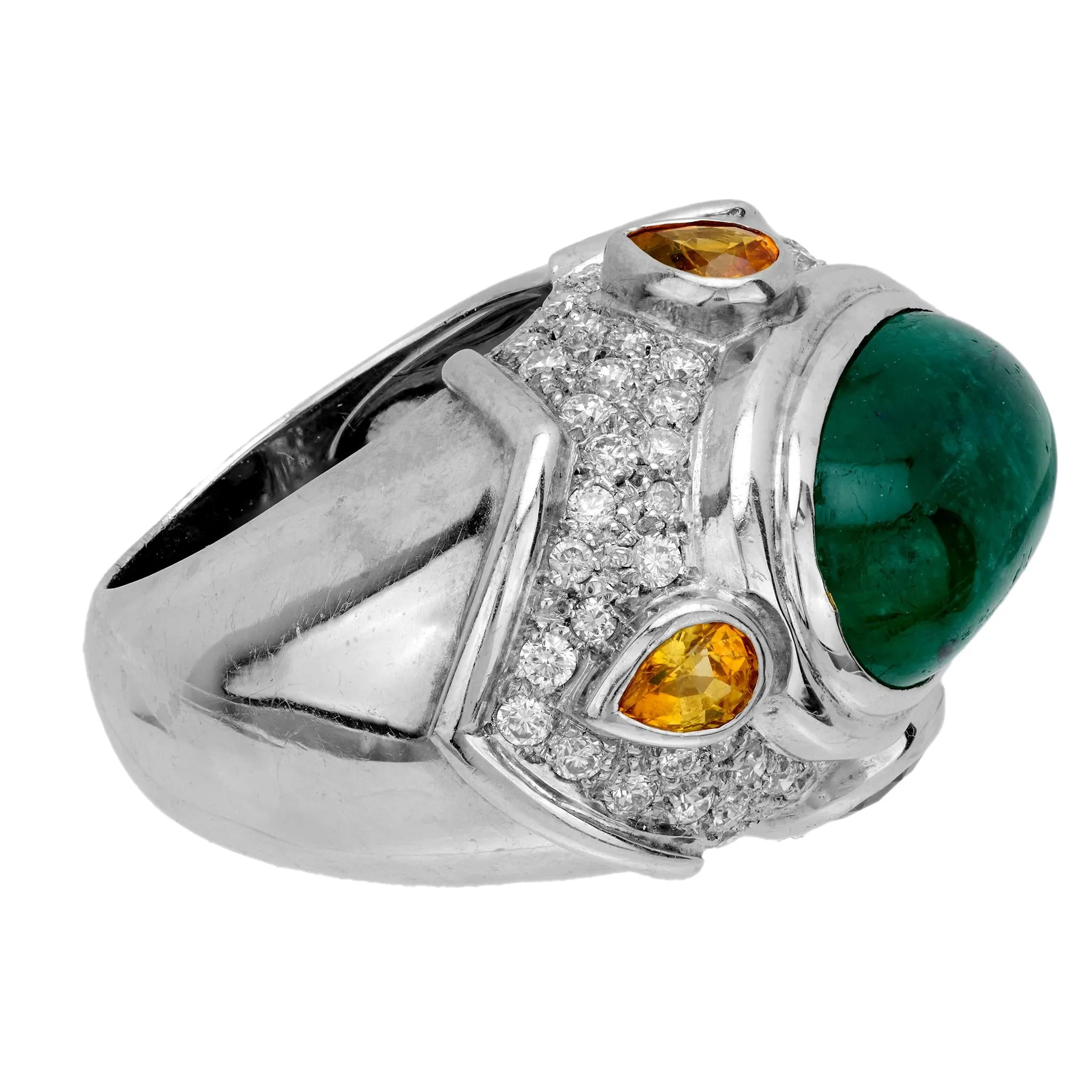 French GIA 13 carat emerald yellow sapphire diamond 18k white gold cocktail ring
