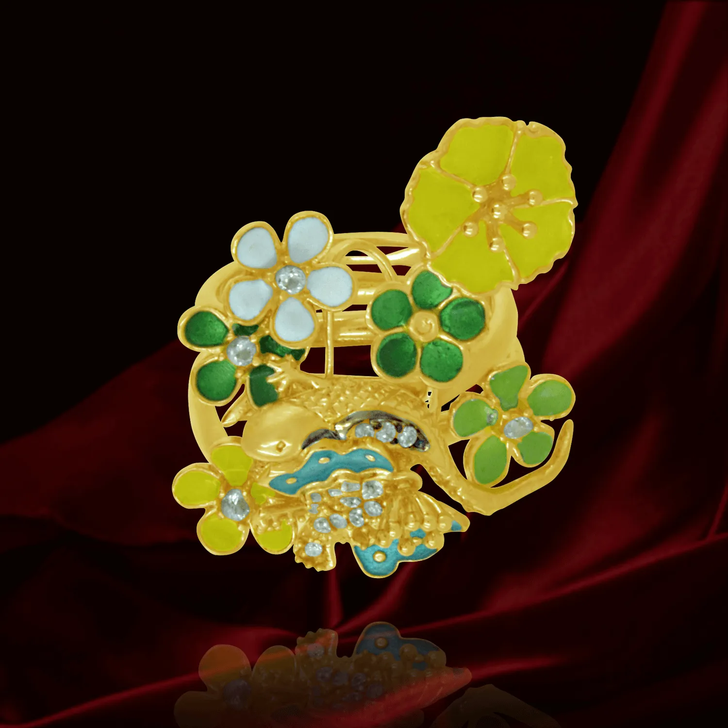 Garden Bouquet Ring with Blossoms and Butterfly