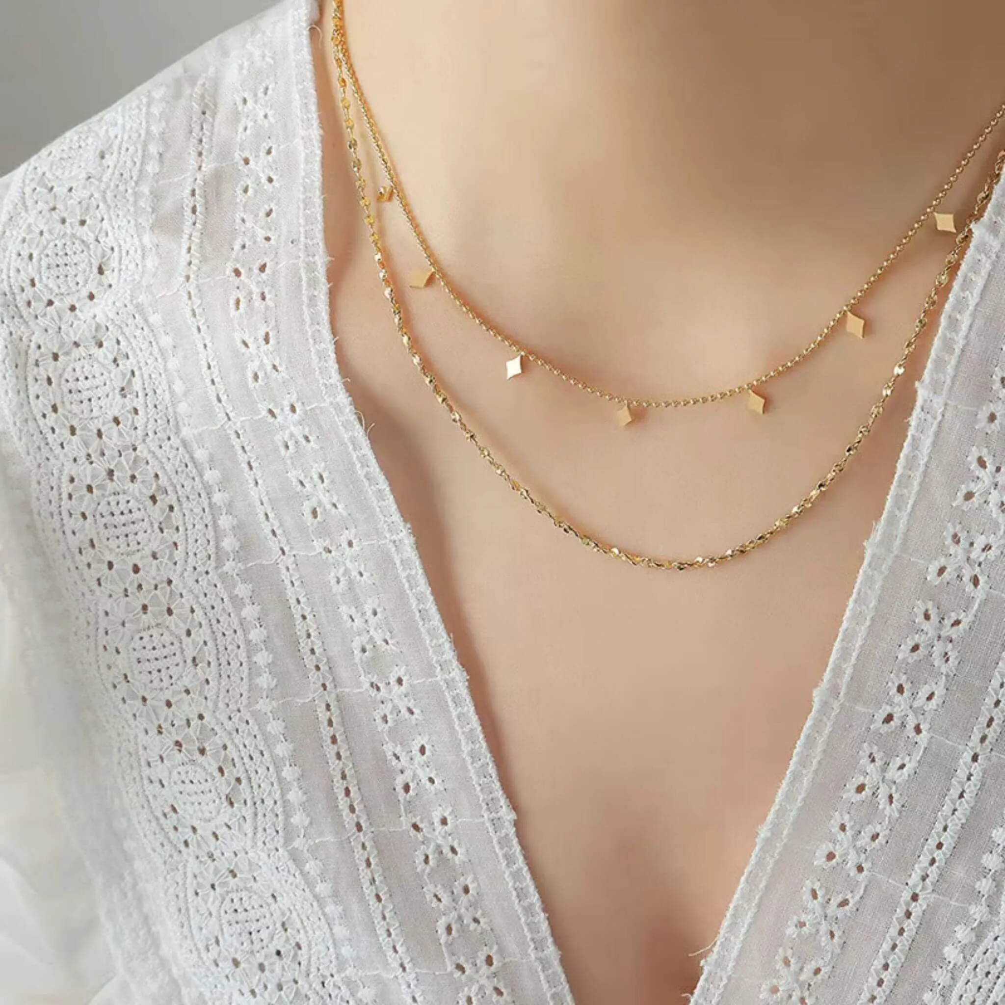 Geometric Double Layer Necklace – Diamond Charms (18K Gold/Silver)
