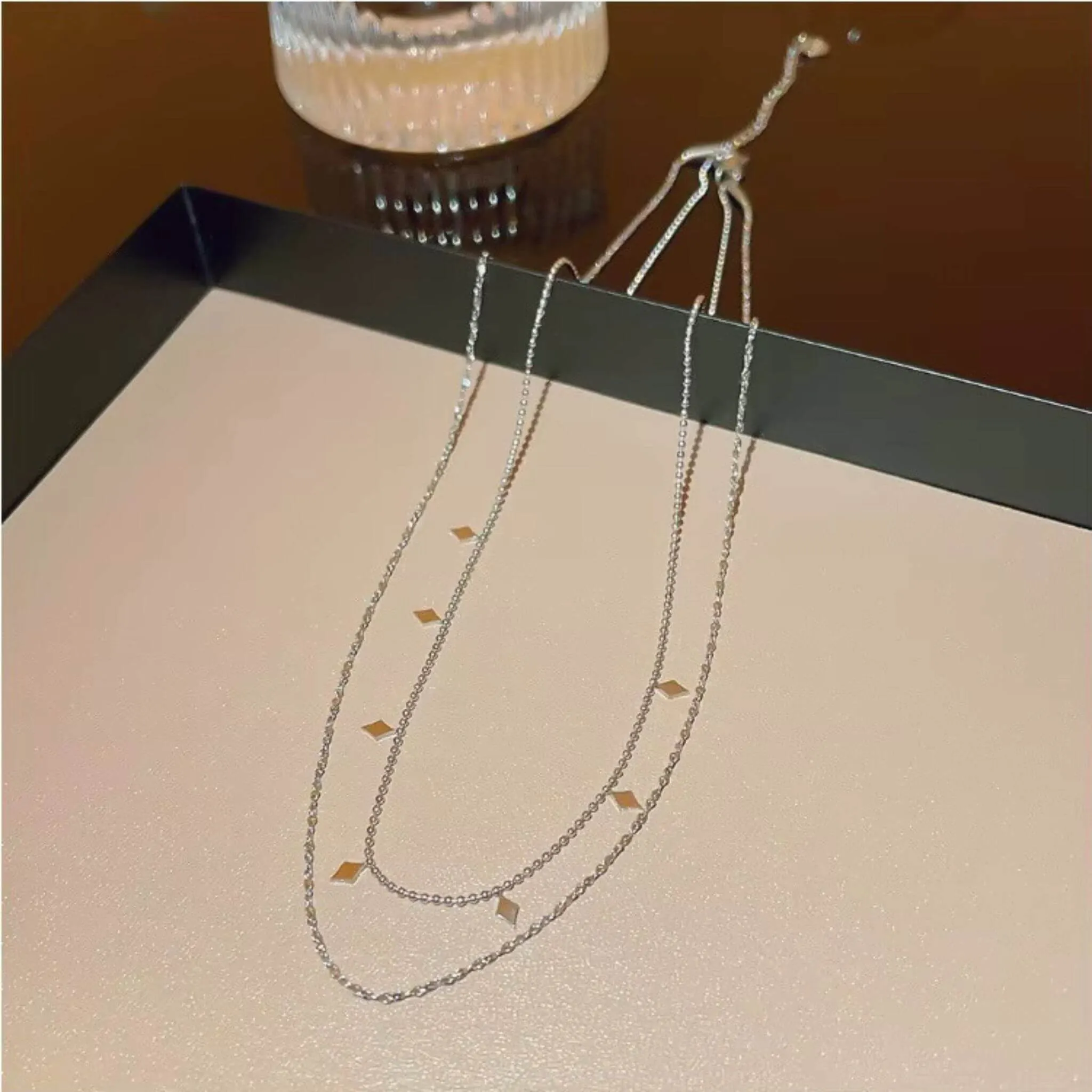 Geometric Double Layer Necklace – Diamond Charms (18K Gold/Silver)