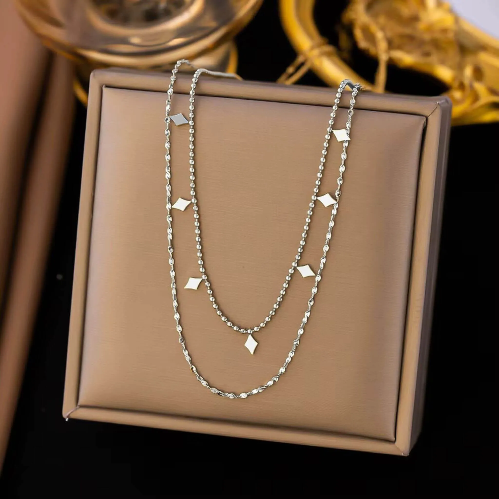Geometric Double Layer Necklace – Diamond Charms (18K Gold/Silver)