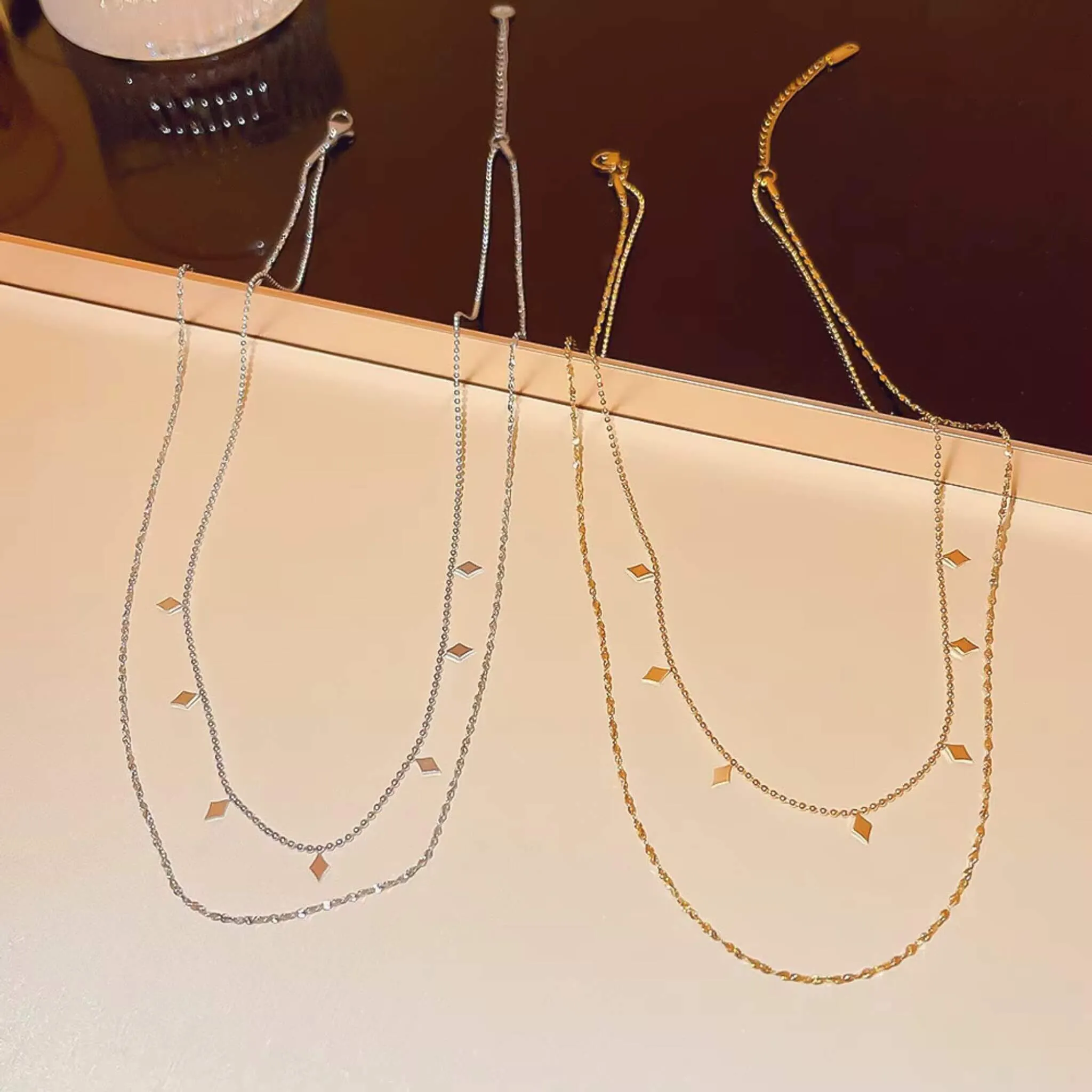 Geometric Double Layer Necklace – Diamond Charms (18K Gold/Silver)