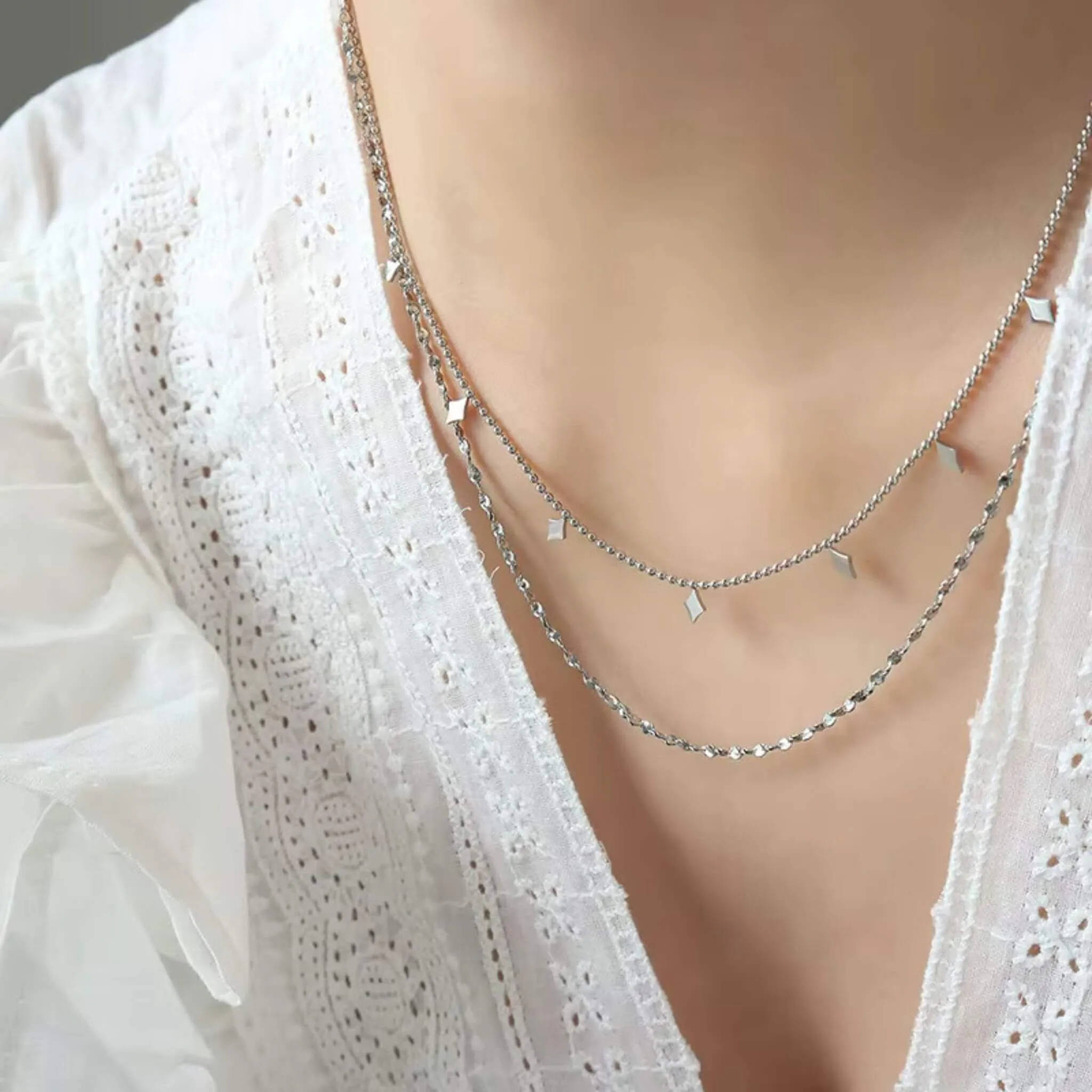 Geometric Double Layer Necklace – Diamond Charms (18K Gold/Silver)